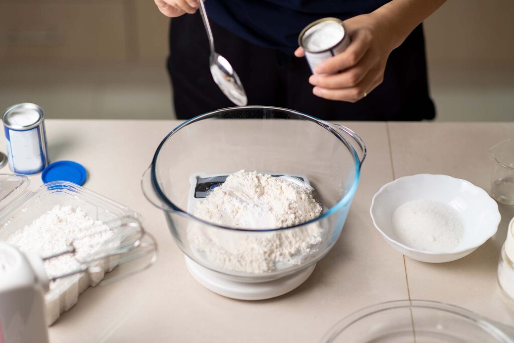 Flour in a bowl on a kitchen scale